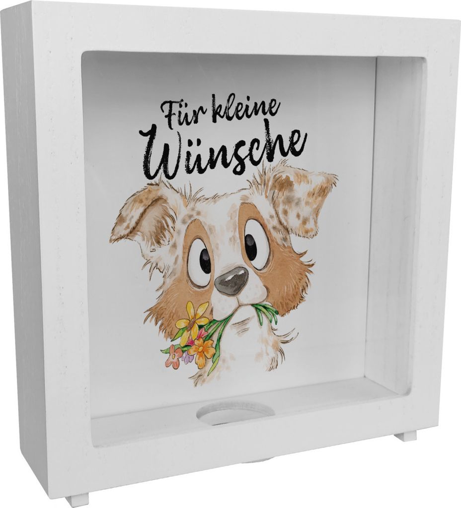 Hund Rahmen Spardose aus Holz mit Spruch Für kleine Wünsche