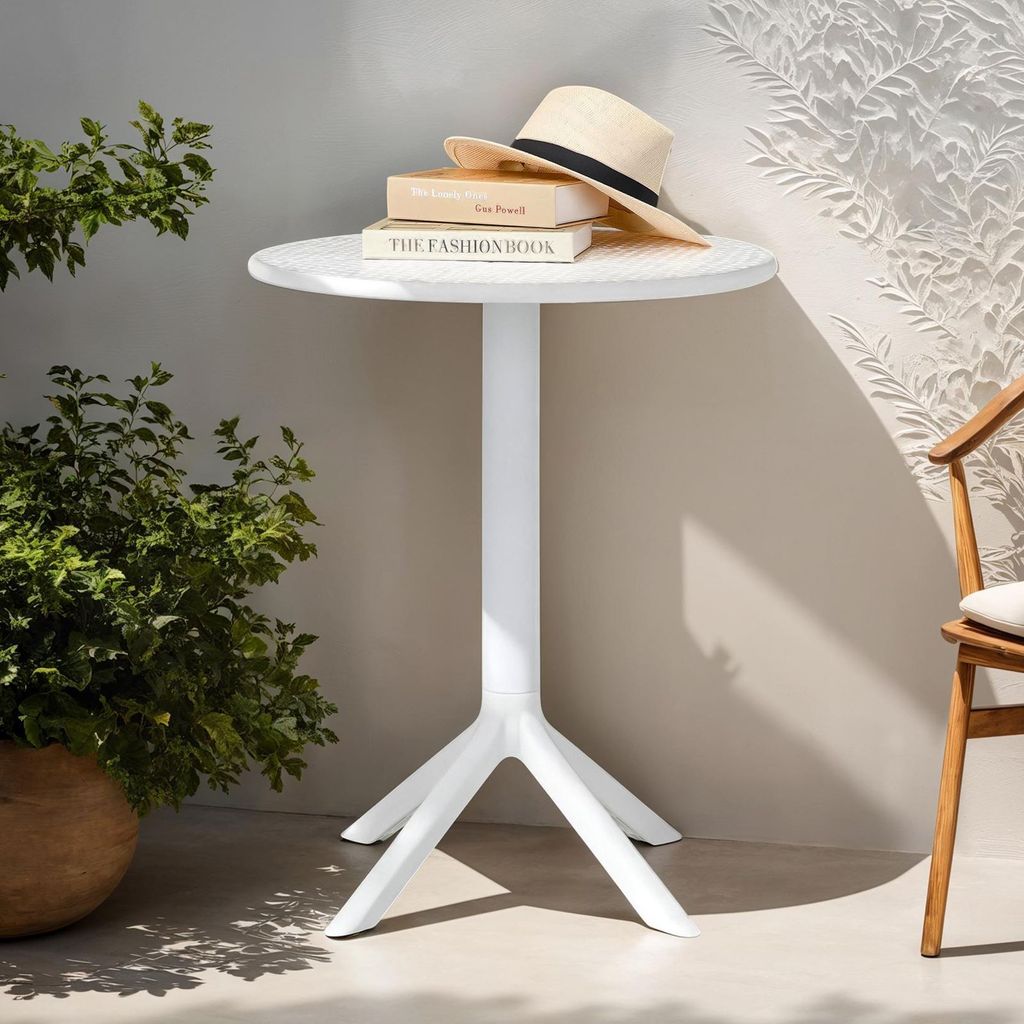 Gartentisch LUZ 60 cm Durchmesser weiß - runder Balkontisch aus Polypropylen, kleiner Outdoor-Tisch wetterfest & robust, Beistelltsich Garten