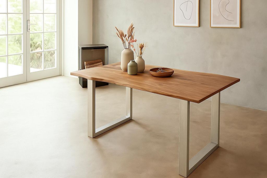 Esstisch Baumkante 260 x 100 cm massiv Akazie natur U-Gestell silber QUINTUS