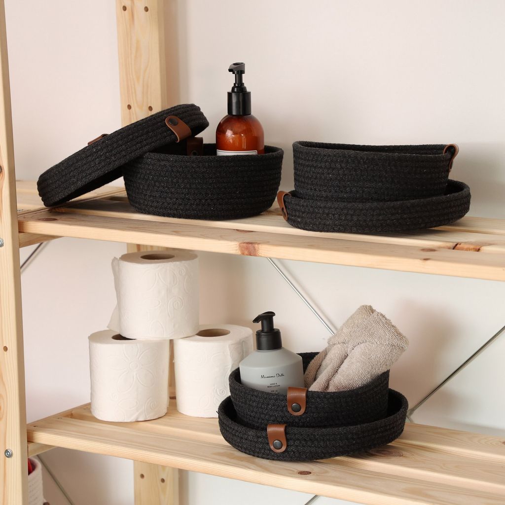 Evila Originals, JUT02002208D, Baumwollkorb-Set (3-teilig), Schwarz, Juteseil aus 100 % Baumwolle, 20 x 20 x 9 cm