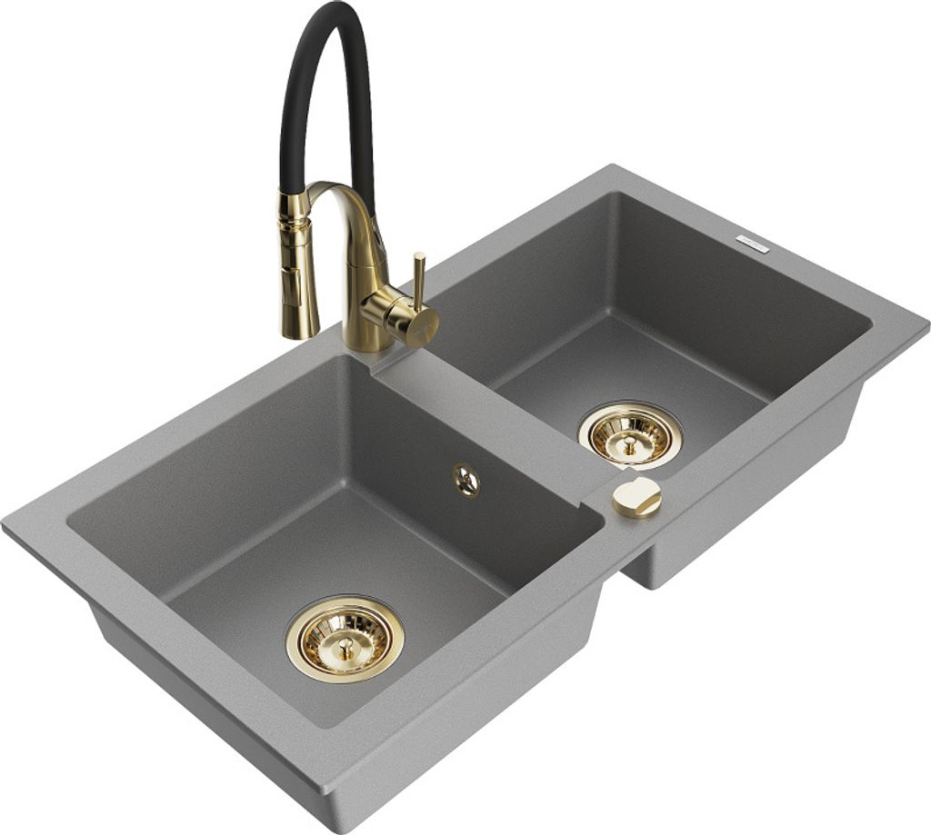 Mexen Mario 2-Becken-Granitspüle mit Mischbatterie Aster, Grau - 6504-71-73450-57-G
