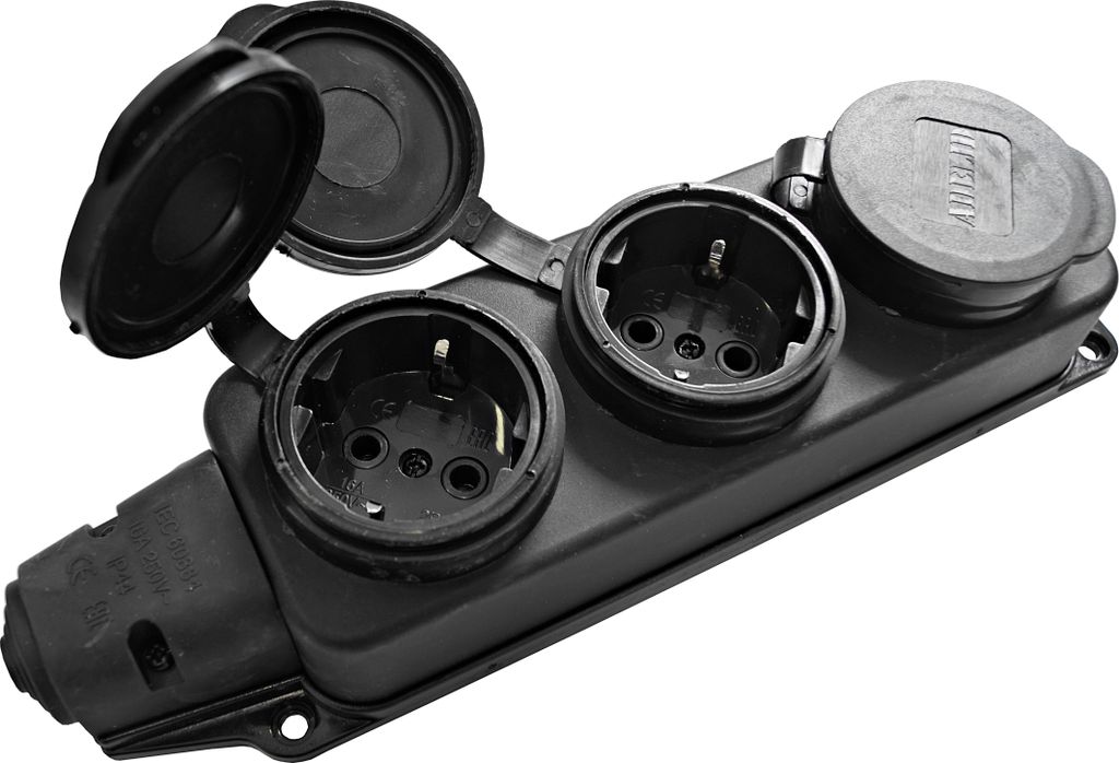 A black multi-socket power strip with three outlets, each with a protective cover. The covers are open on two of the outlets, revealing the socket interiors. The product is shown against a plain white background.