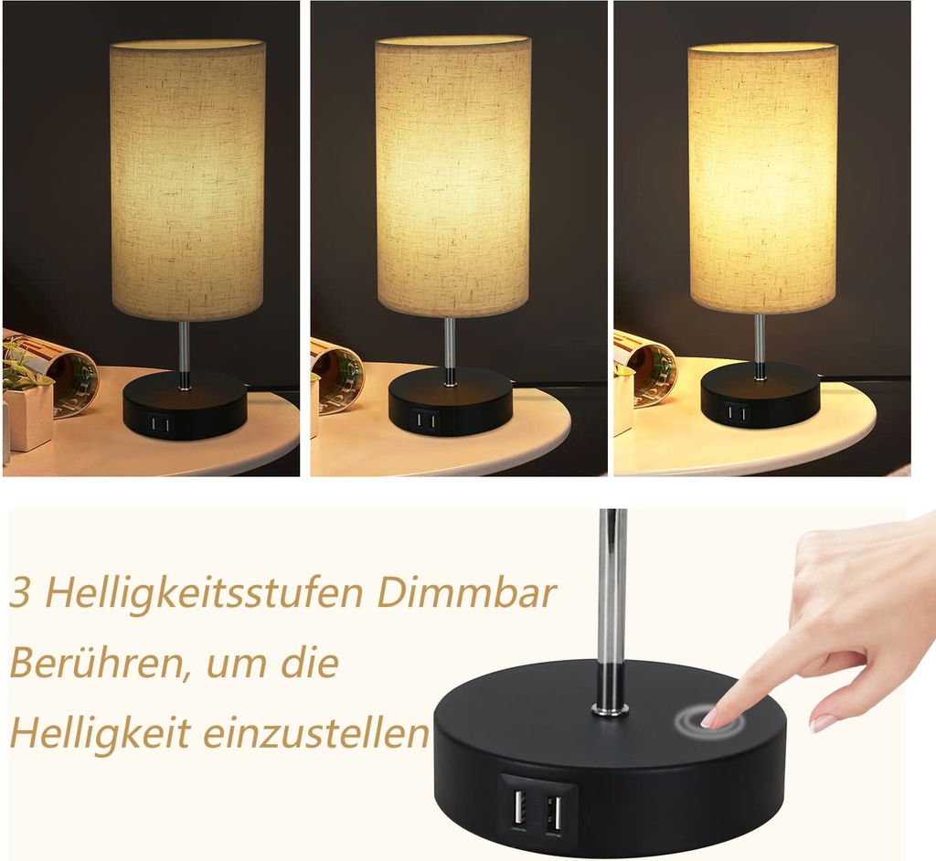 ZMH Tischlampe Wohnzimmer Nachttischlampe USB - 2er Schwarz Produktbild 3