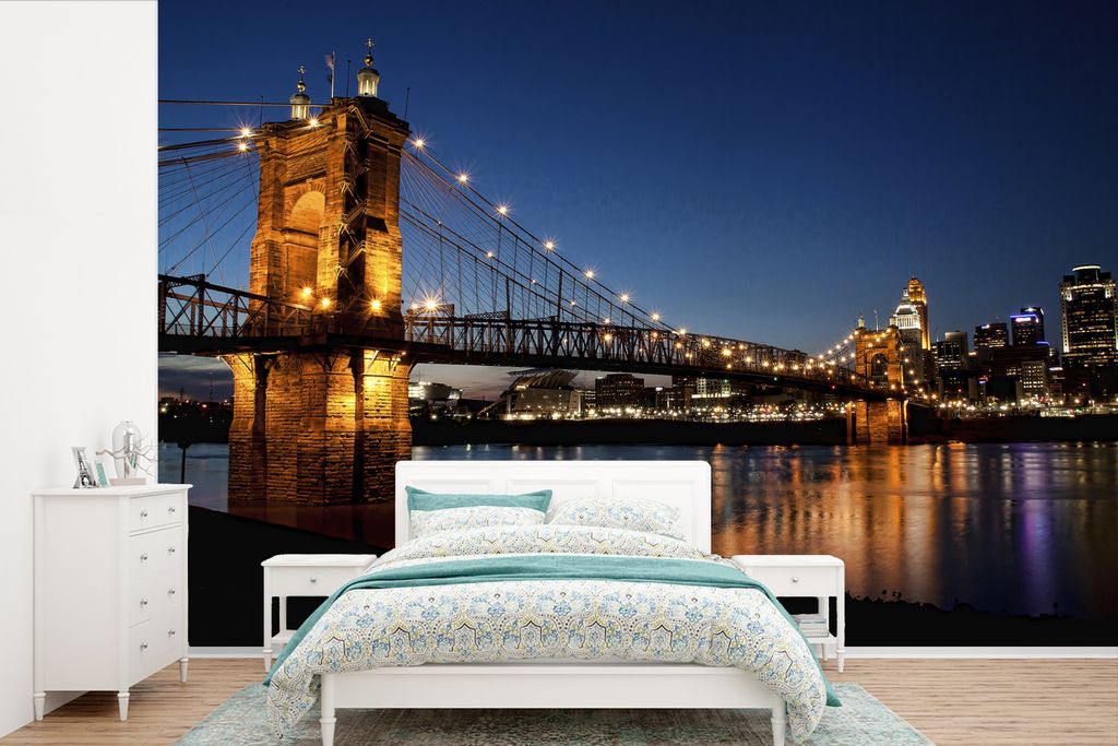 MuchoWow Fototapete für Wohnzimmer oder Schlafzimmer Wandtapete Vinyl Motivtapete Hängebrücke in Ohio bei Nacht - 600x400 cm - Vinyltapeten