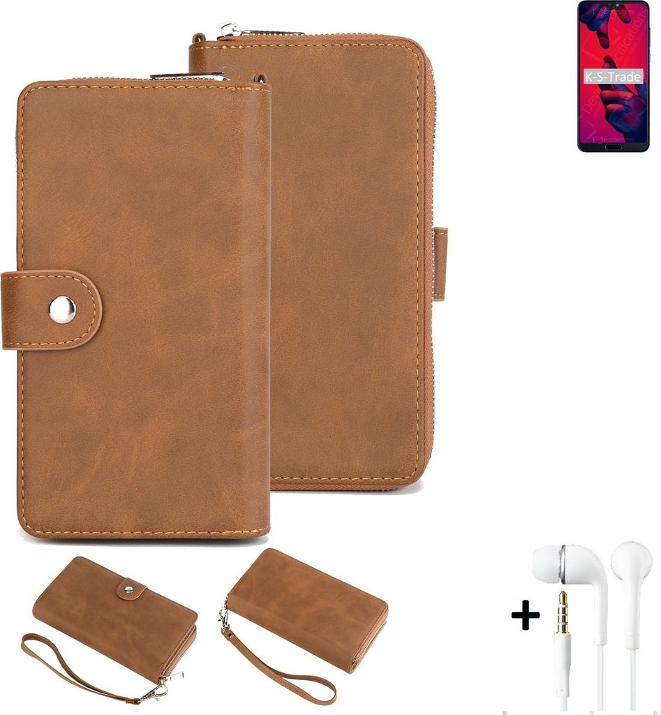 K-S-Trade Handy Schutz Hülle kompatibel mit Huawei P20 Pro + Kopfhörer Portemonnee Tasche Wallet-Case Bookstyle-Etui braun (1x)