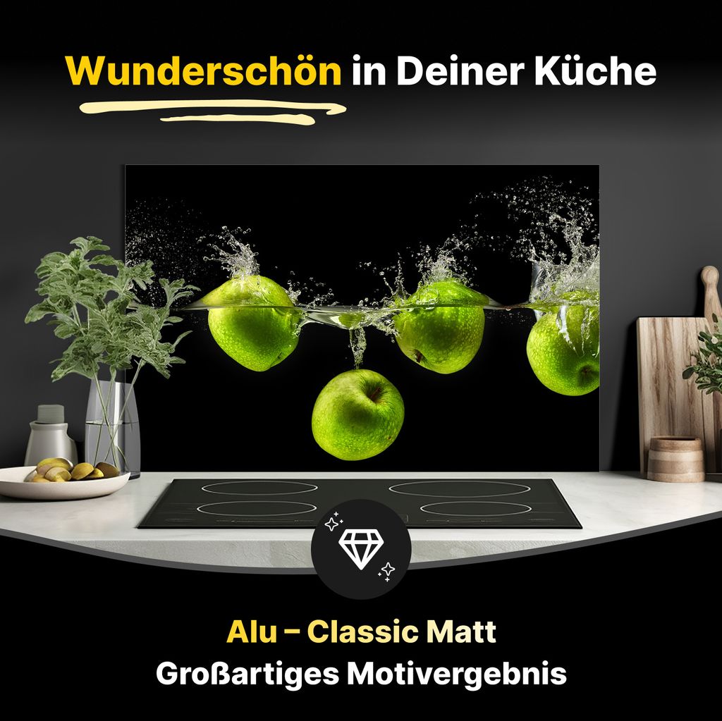 Spritzschutz Küchenrückwand aus Aluminiumverbund in Matt 80x60 cm - Grüne Äpfel im Wasser