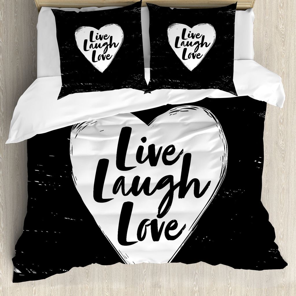 ABAKUHAUS Lebe Lache Liebe Bettbezug, Herz und Worte, Milbensicher Allergiker geeignet mit Kissenbezügen, 200 cm x 200 cm - 80 x 80 cm, Schwarz-Weiss