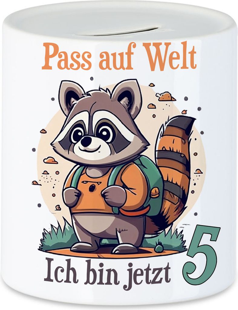 Pass auf Welt ich bin 5 Spardose Kindergeburtstag Deko Junge