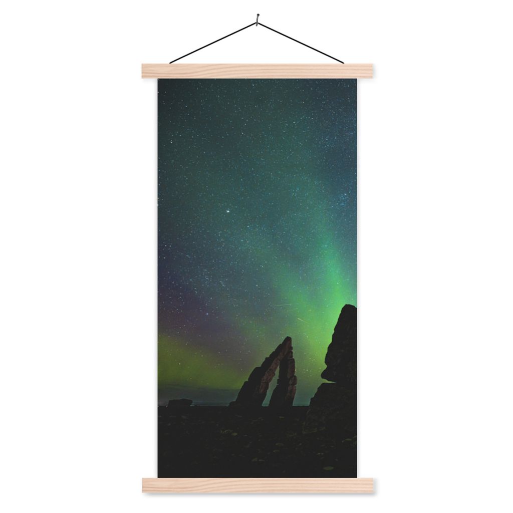 MuchoWow Textilposter Nordlichter - Island - Natur 60x120 cm mit holzfarbenen Rahmen - Holz