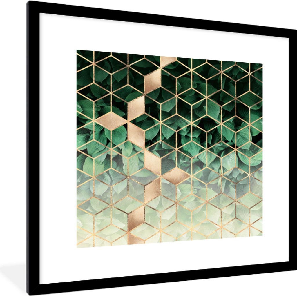 MuchoWow Gerahmtes Poster Blätter - Gold - Muster - Würfel - Luxus 40x40 cm - Poster mit Schwarzem Bilderrahmen Wandposter Rahmen Foto Bilder -...