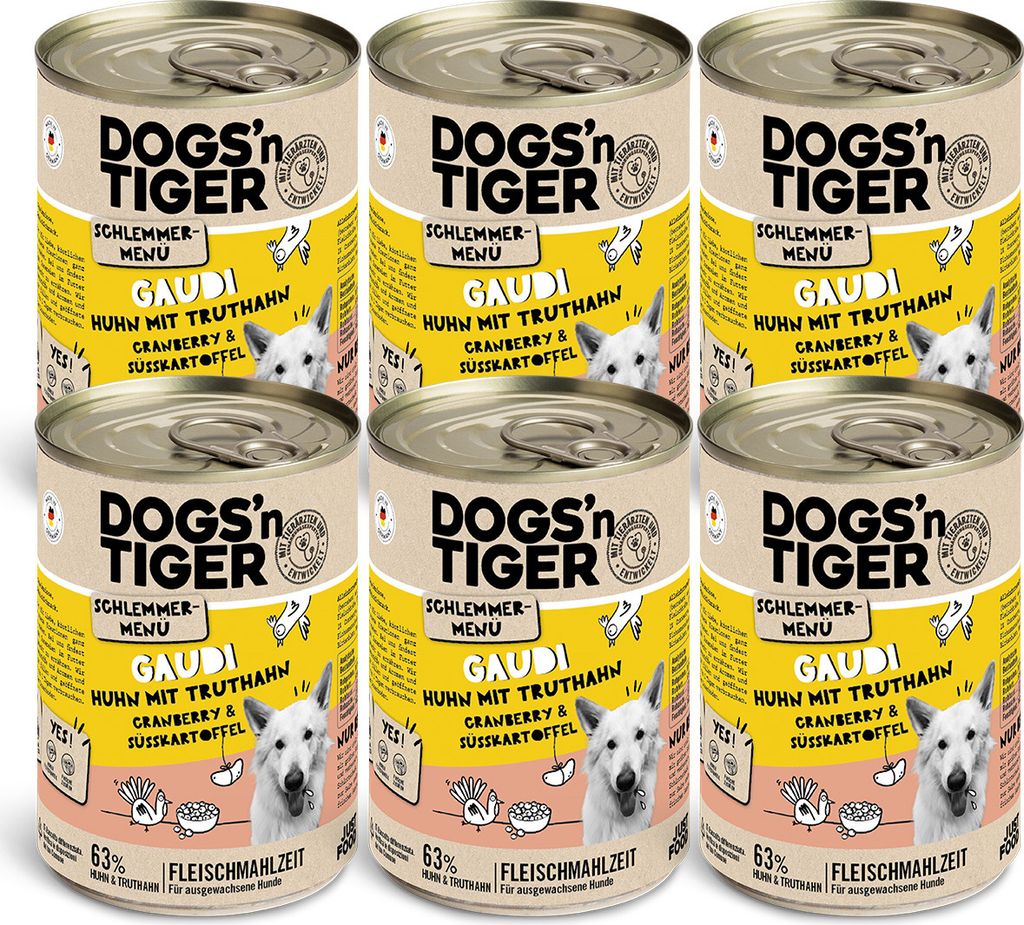 Dogs’n Tiger Adult Hundefutter, Gaudi, Nassfutter, Getreidefrei, Huhn, Truthahn, Cranberry & Süßkartoffel, 6x400g