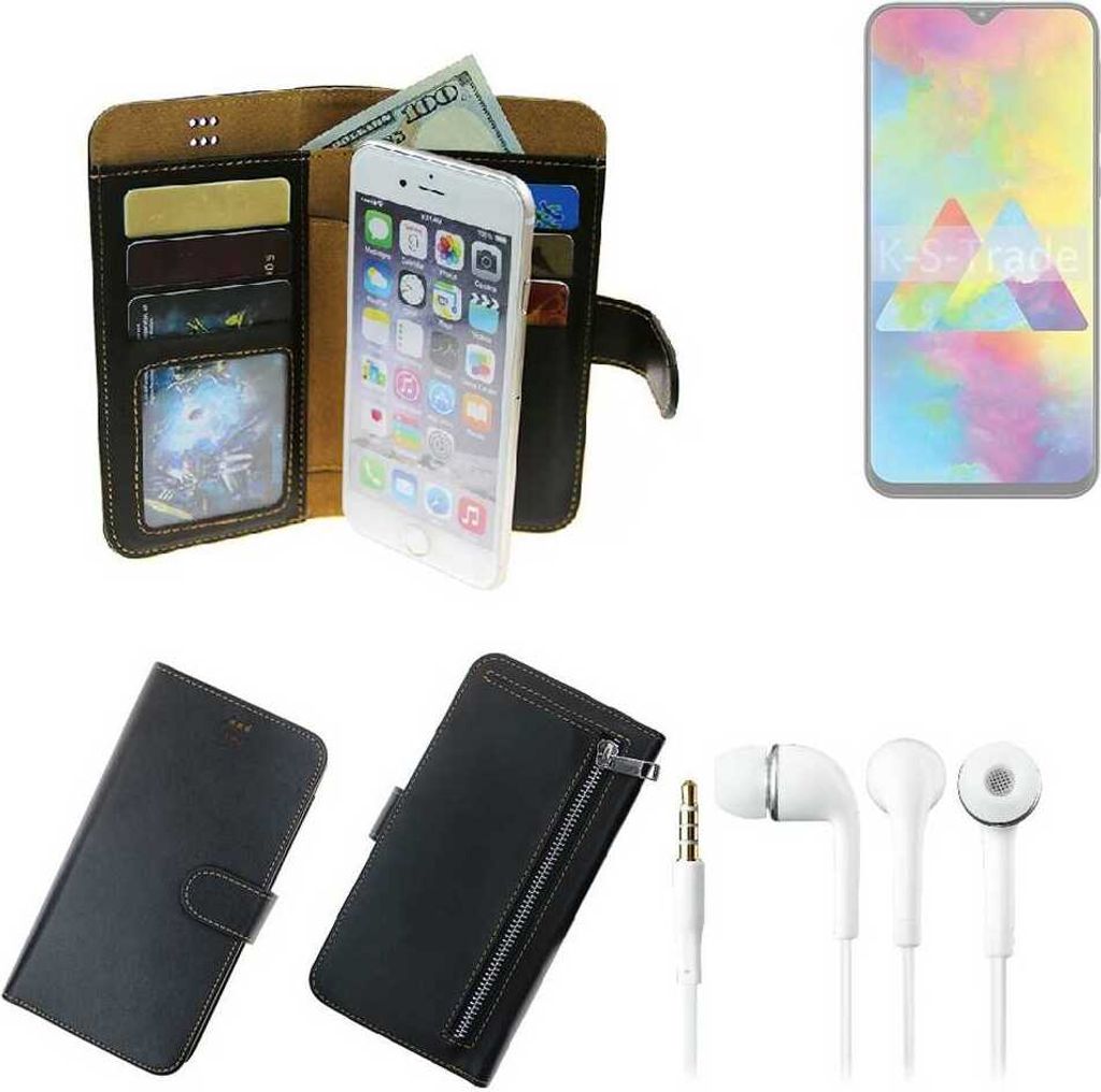 TOP SET Handy Hülle Schutz Hülle kompatibel mit Samsung Galaxy M20 schwarz aus Kunstleder + Kopfhörer Smartphone Tasche vollwertige Geldbörse
