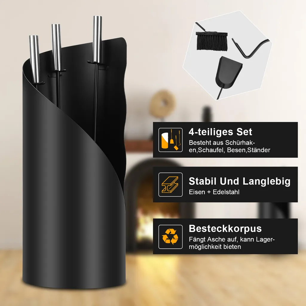Serviteur de cheminée design 4 accessoires - Kit d'entretien complet - 4