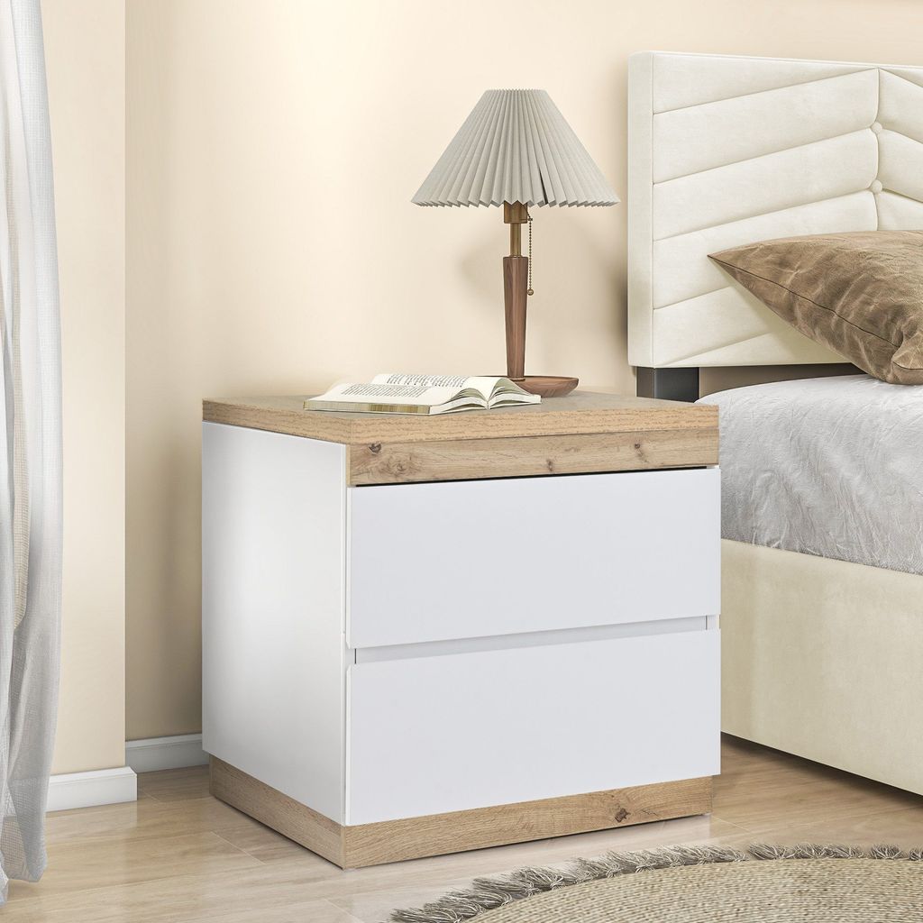 Nachttisch 55x40x55 cm E1-Spanplatte Nachtschrank mit zwei Schubladen Nachtkommode Funktion von Aufbewahrung für Schlafzimmer Weiß+Oak