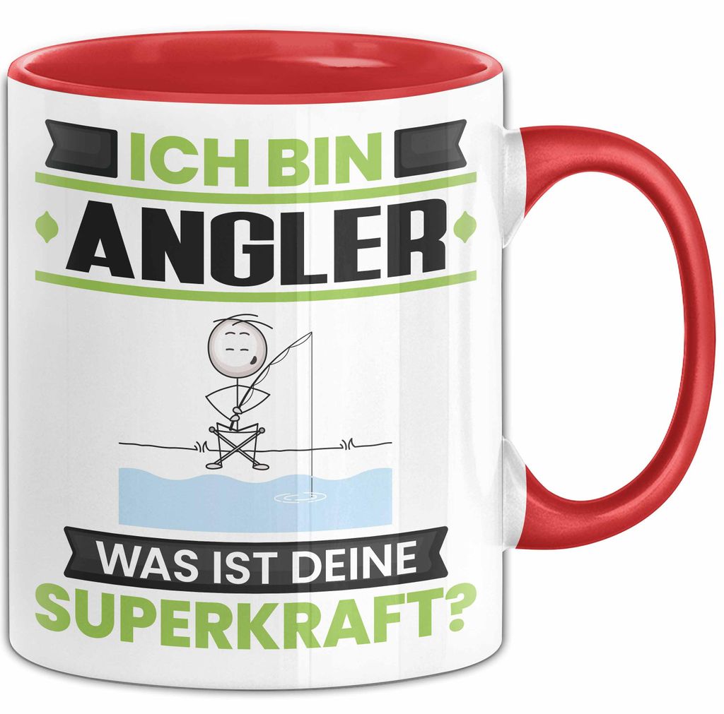 Angler Tasse Geschenk für Angler Geburtstag Lustiger Spruch Kaffee-Becher Was Ist Deine Superkraft (Rot)