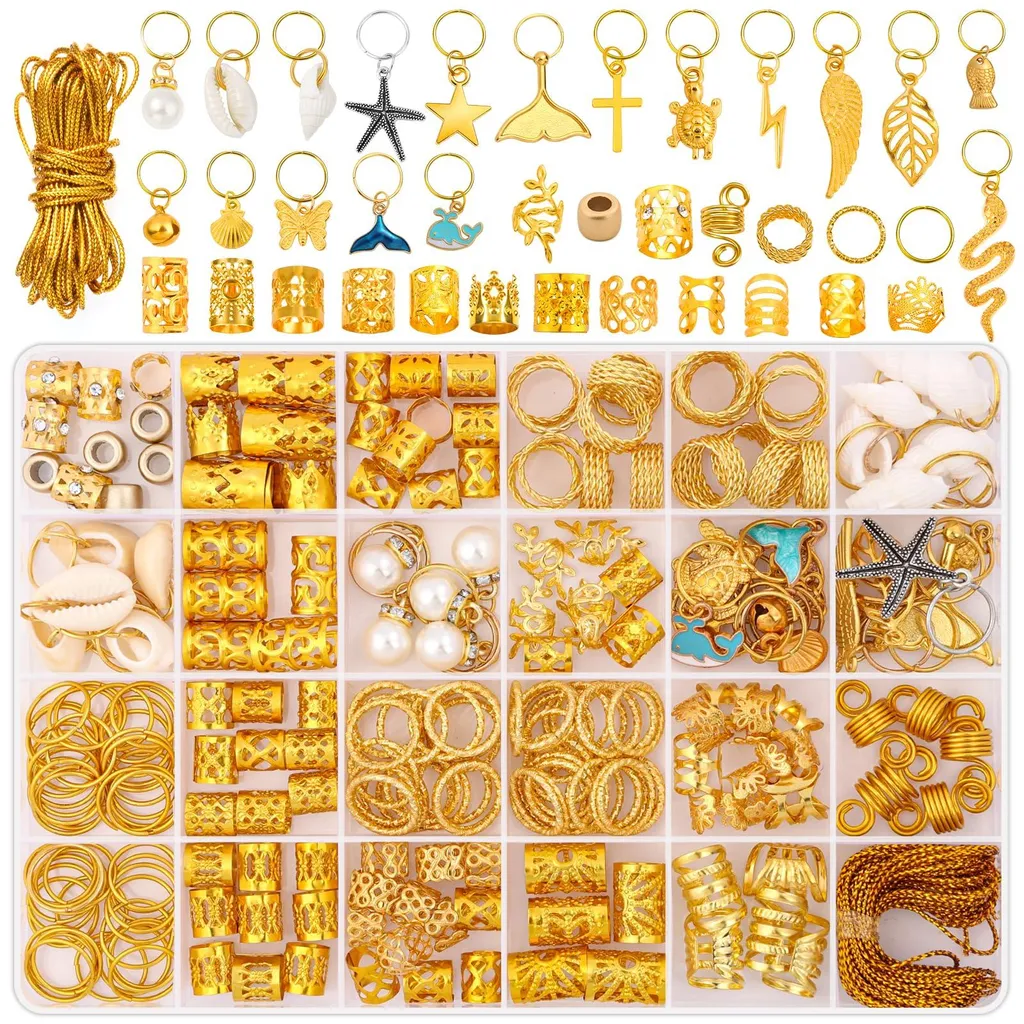 Kit accessoires dreadlocks et bijoux pour tresses dorés, lot de 255 pièces