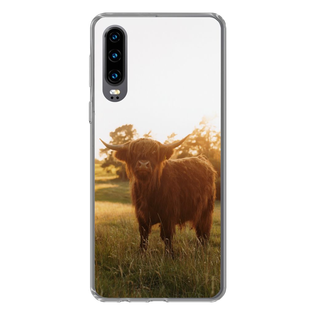 MuchoWow Handyhülle Schutzhülle Hülle für Huawei P30 Schottischer Hochländer - Gras - Sonne Silikon Softcase Handy Hülle - Kartenbesitzer