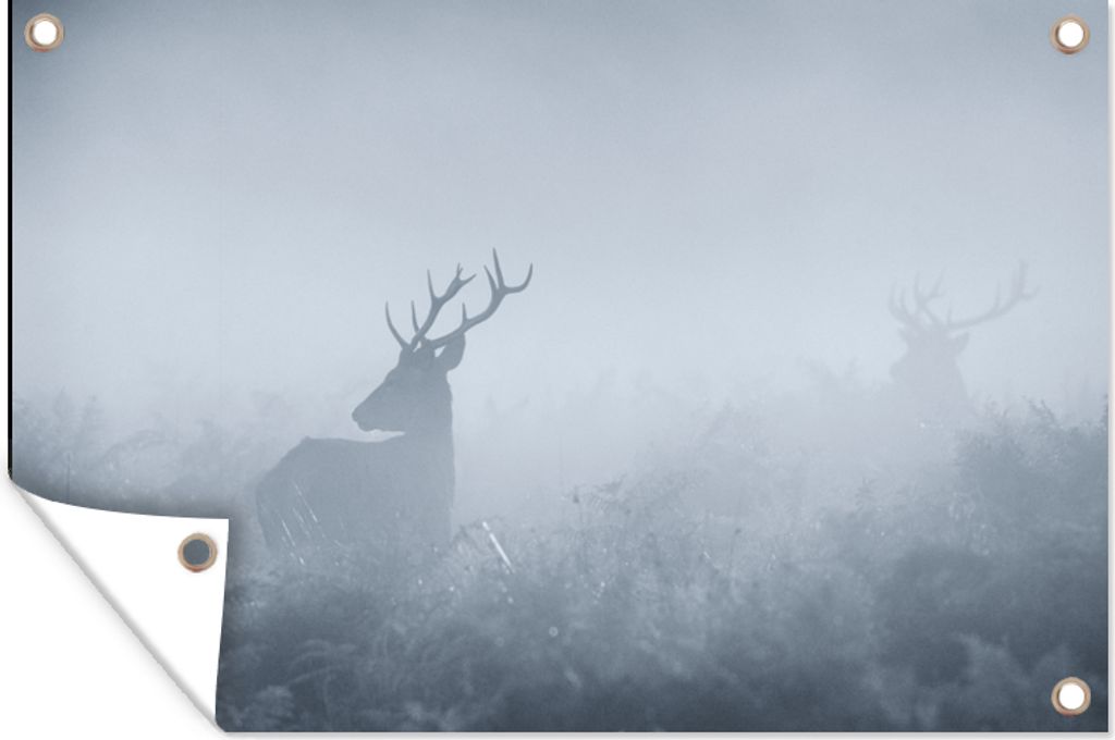 MuchoWow 60x40 cm Outdoor-Poster Gartendeko Sichtschutz Garten Poster für den Garten Hirsche - Nebel - Wald