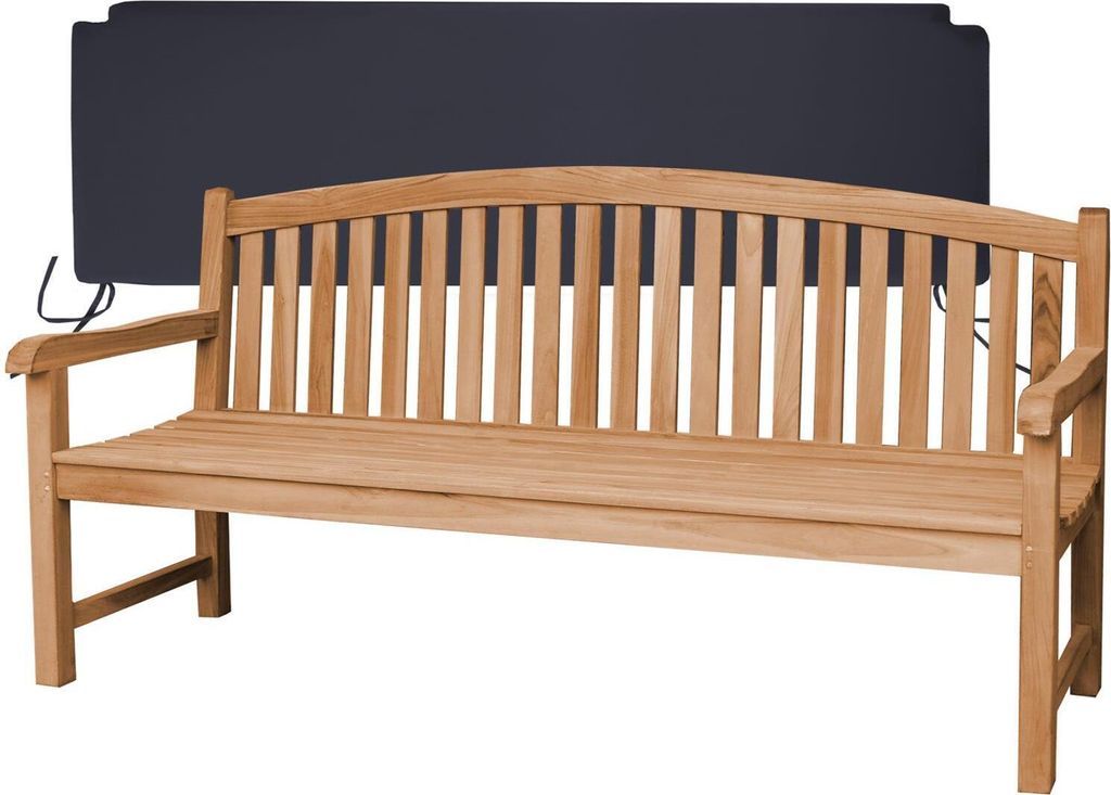 A wooden garden bench with a dark gray cushion behind it, presented on a white background.