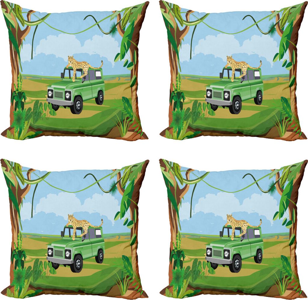 ABAKUHAUS Leopard Kissenbezug Set (4 Stück), Abenteuerliche Safari Vehicle, Moderner Doppelseitiger Digitaldruck, 60 cm x 60 cm, Mehrfarbig