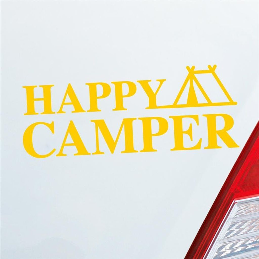 Auto Aufkleber Happy Camper Zelt 19x7 cm Gelb Sticker Heckscheibenaufkleber