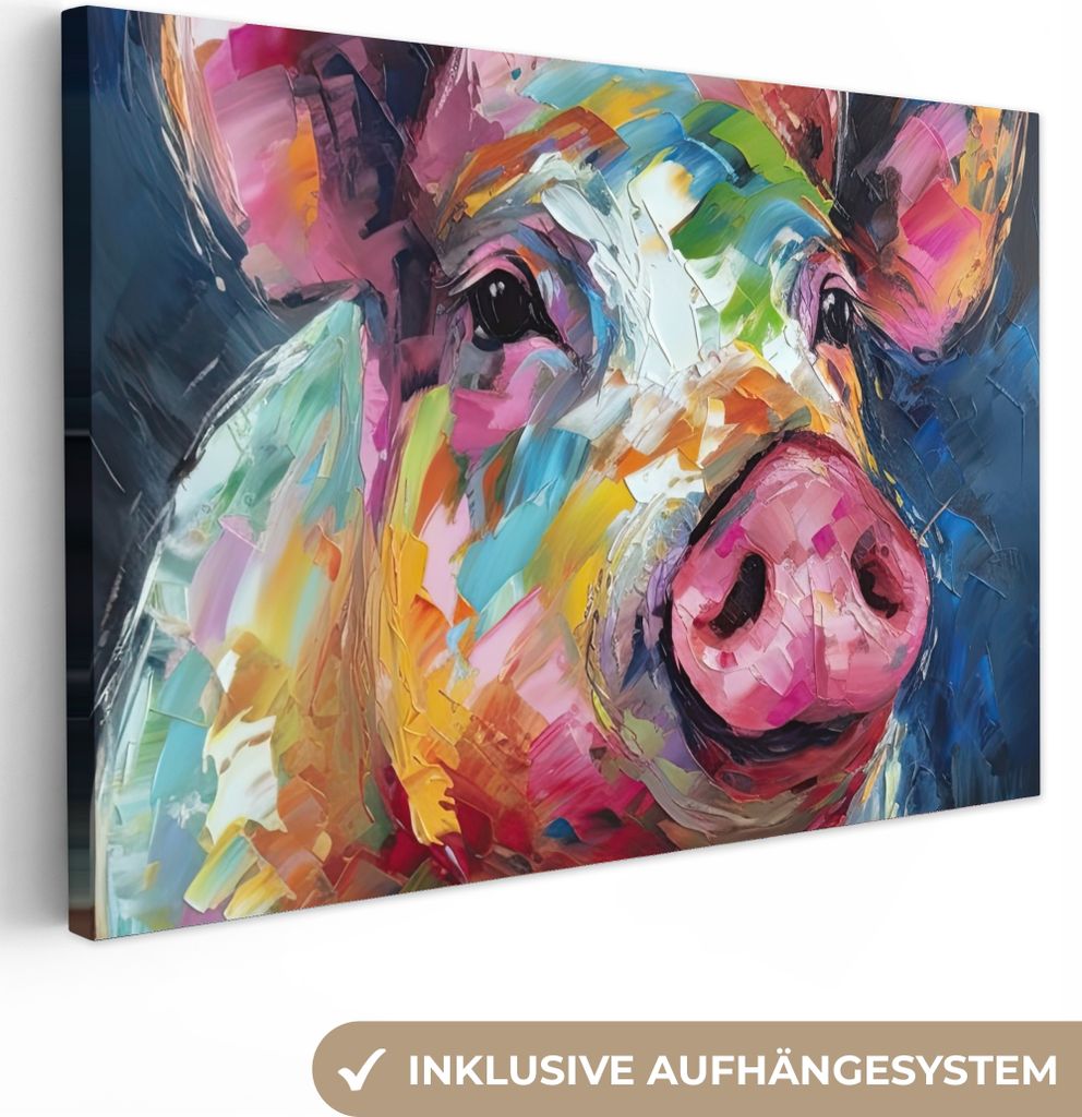 MuchoWow - Leinwandbilder - Schwein - Ölfarbe - Tiere - Kunst, Wandbild, Wanddeko Bilder Wohnzimmer, 120x80 cm