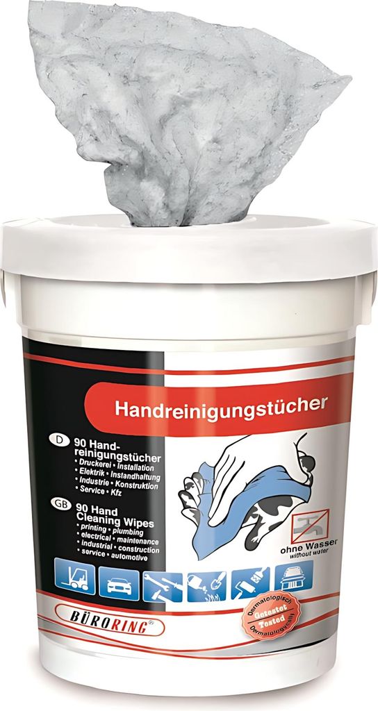 Büroring Handreinigungstücher, 90 Tücher im Eimer, schnell, gründlich, ohne Wasser, gegen Verschmutzungen wie Fette, Kleber, Teer, Wachs usw.