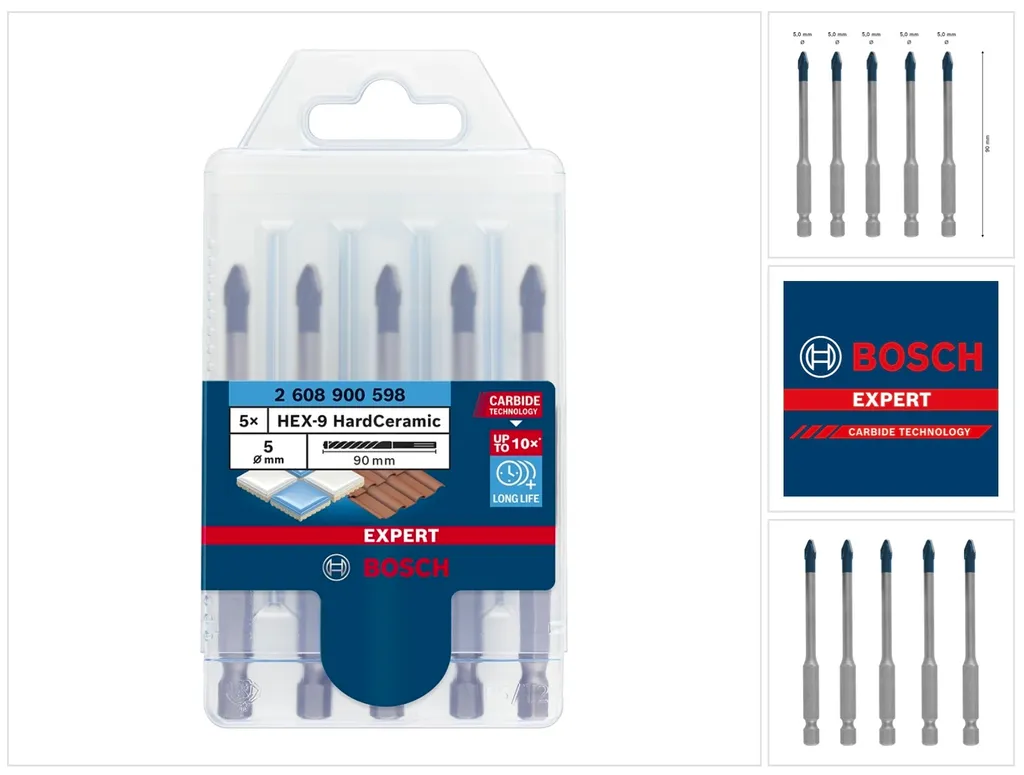 Bosch Expert HEX-9 5mm x 90mm Set 5 Punte per Piastrelle Dure 2608900598
