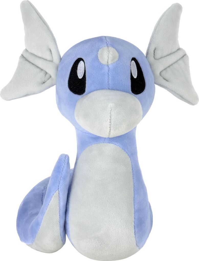 A plush toy of the Pokemon character Dratini is shown against a white background.