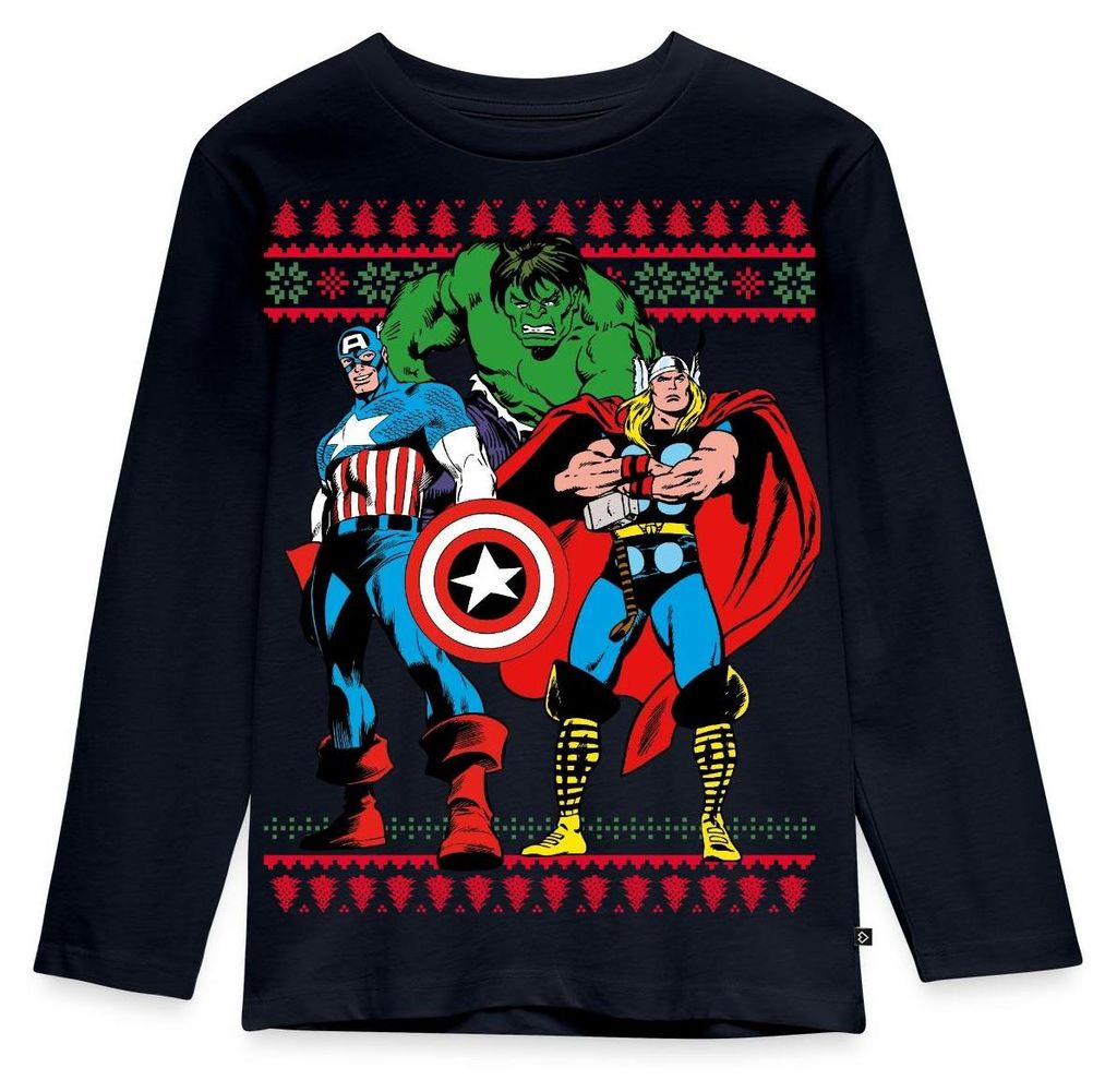 Spreadshirt Avengers Superhelden Weihnachtsmotiv Kinder Premium Langarmshirt, 134/140 (8 Jahre), Navy