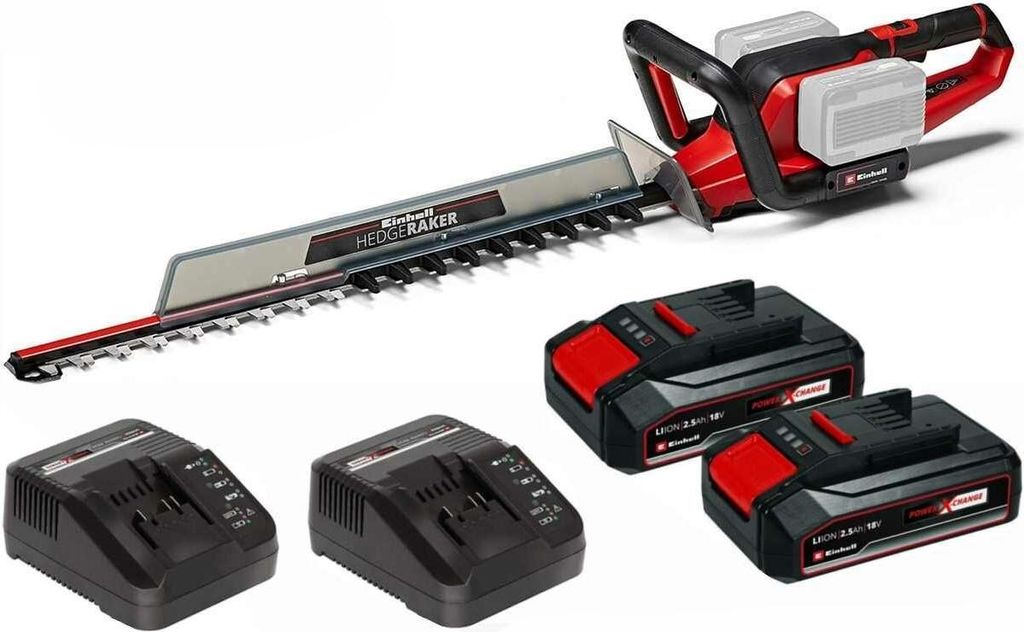A collection of a hedge trimmer, batteries, and chargers against a white background.