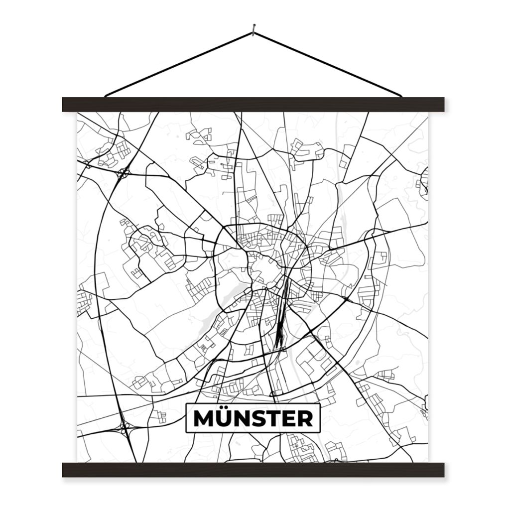 MuchoWow Textilposter Münster - Karte - Stadtplan 40x40 cm mit schwarzem Rahmen - Fotos