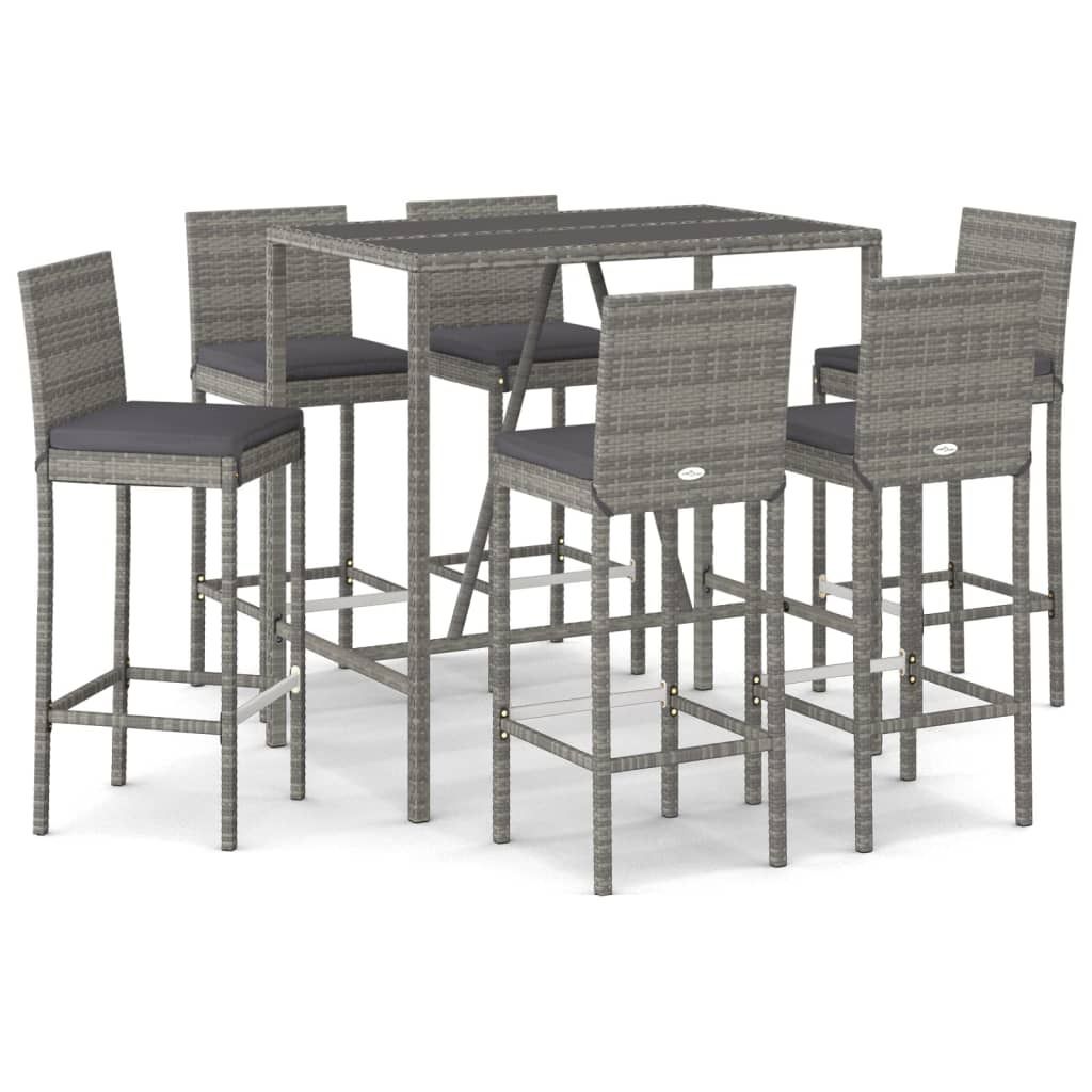 A gray poly rattan bar set with cushions on a white background.