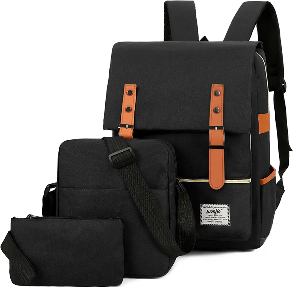 Set 3 Pezzi Zaino Moda Nero Unisex - Business & Travel con USB