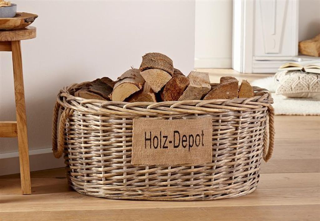 Brennholzkorb aus Weide im Shabby Look, Feuerholzkorb, Produktbild 