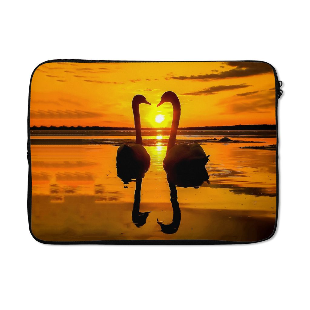 MuchoWow Laptop Hülle 13 Zoll Schwäne - Sonnenuntergang - Vogel - Orange - Wasser Laptoptasche - Laptophülle - Sleeve - Rundumschutz