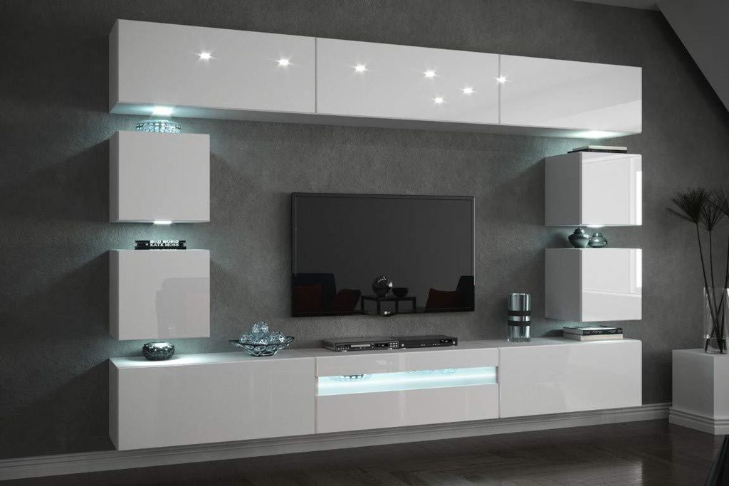 Furnitech Wohnwand Wohnzimmer - Wohnzimmer Möbel mit LED Blau - Hängend Wohnwand Modern mit Regale und TV Schrank (Future C81-HG-W2 1B - 273 cm)