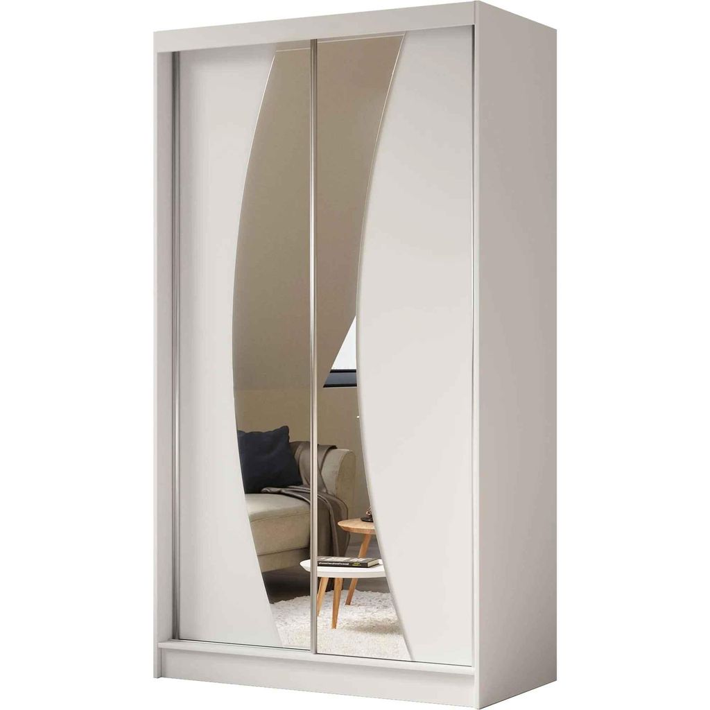 Schwebetürenschrank VOX 120 cm – Kleiderschrank mit 2 Schubkasteneinsätze, Spiegel & Schiebetüren (Weiß)