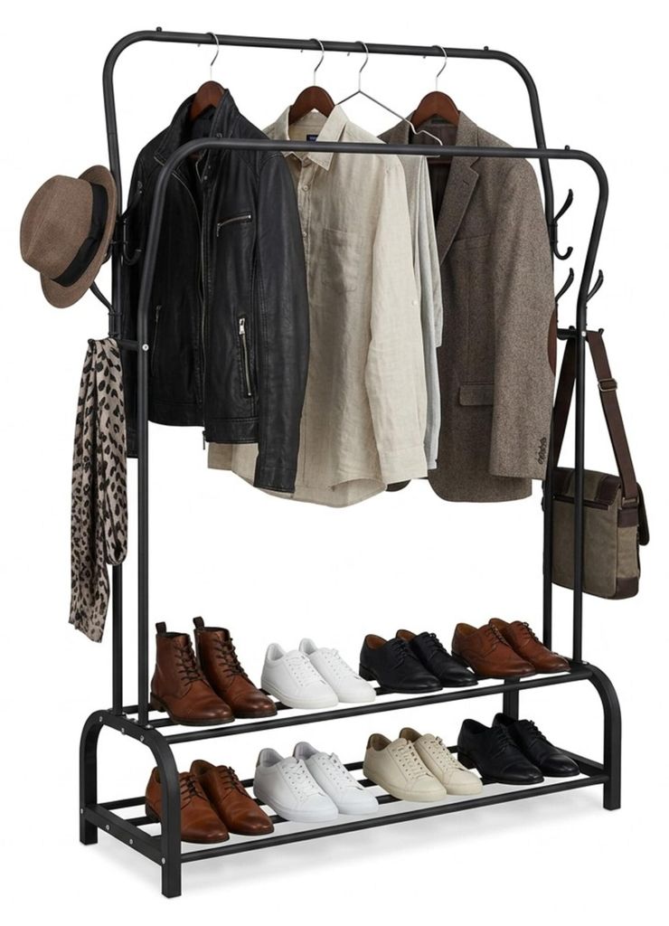 Relaxdays Kleiderständer, HxBxT: 146 x 110 x 33 cm, 2 Ablagen & 2 Kleiderstangen, 8 Haken, Doppelgarderobe, schwarz