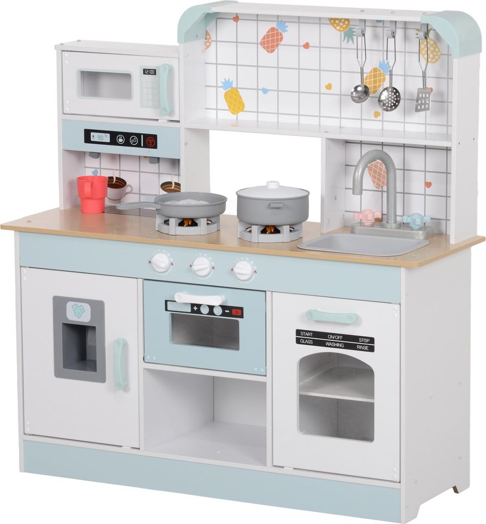 Spielküchen-Set, Kinderküche mit Effekten, Kaffeemaschine, Ofen, viel Stauraum, MDF, Edelstahl, für Kinder ab 3 Jahren