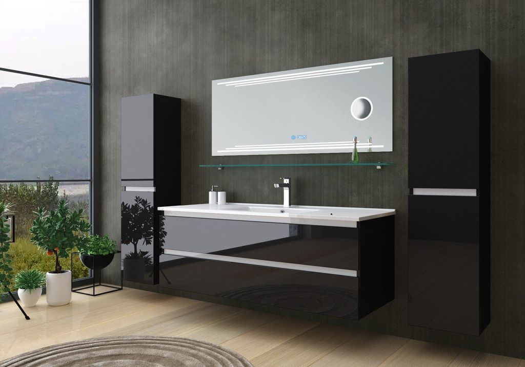 Badmöbel Set Schwarz Badezimmermöbel Waschtisch Kosmetik Spiegel 120 cm