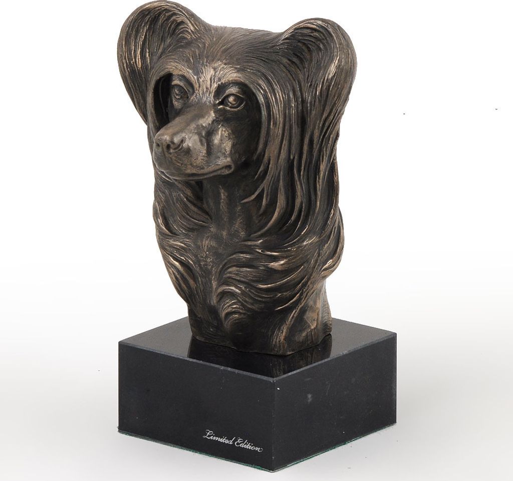 Chinesischer Schopfhund - Hundestatue, Büste auf Steinsockel, Skulptur, Trophäe für Hundeausstellung der Marke Art-Dog