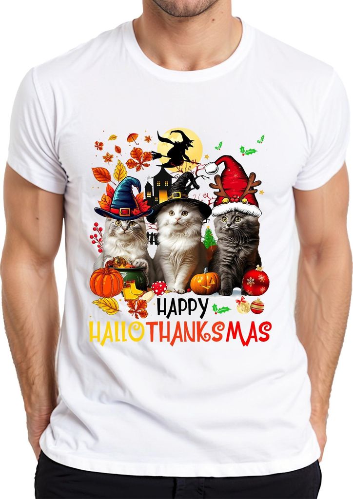 Happy Hallothanksmas Katzen Kürbis Hexenhut Weihnachten Geschenk Herren T-Shirt, Weiß, 3XL