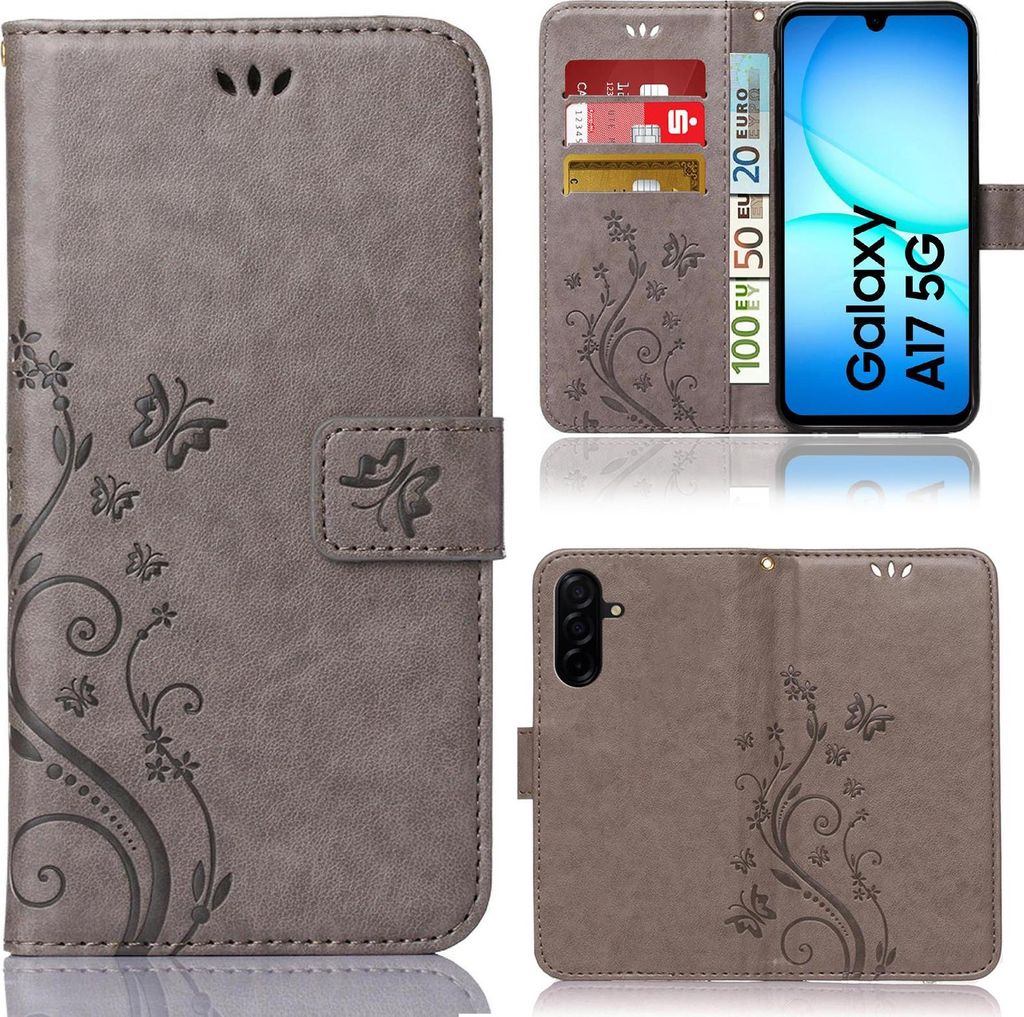 Handytasche für Samsung Galaxy A17 Schutz Hülle Handyhülle mit Blumenmuster Klapp Hülle mit Standfunktion und Kartenfächer Farbe: Grau