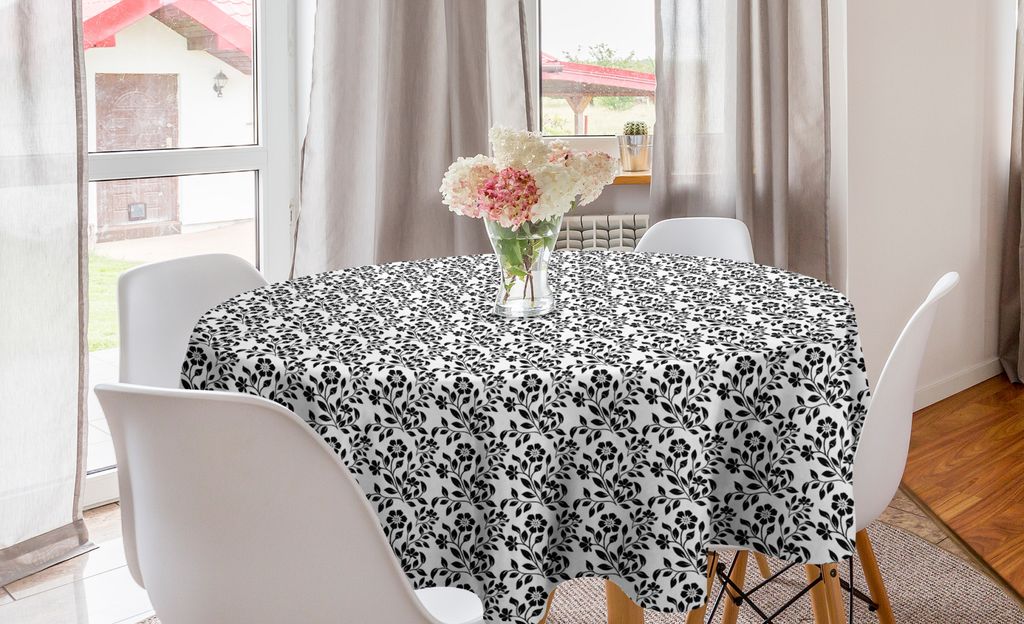 ABAKUHAUS Blumen Runde Tischdecke, Wirbelnde Blumen-Blüten, Kreis Tischdecke Abdeckung für Esszimmer Küche Dekoration, 150 cm, Schwarz und weiß