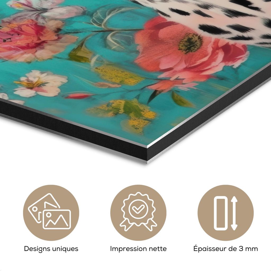 MuchoWow Wanddekoration Metall Metallbild Wandkunst 100x150 cm Leopard - Blumen - Krone MuchoWow Aluminium Gemälde - Bild