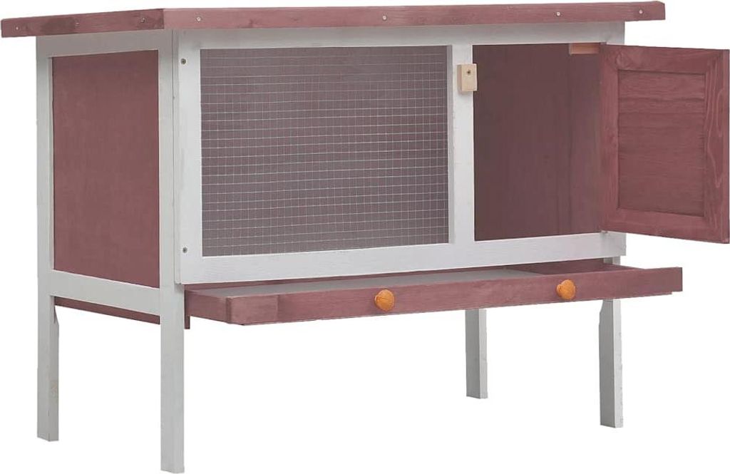 A wooden rabbit hutch with a wire mesh front and an open door.