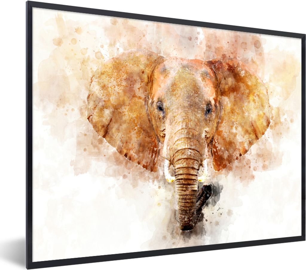 MuchoWow MuchoWow Gerahmtes Poster Elefant - Aquarellfarbe - Orange 80x60 cm - Poster mit zchwarzem Bilderrahmen - Schwarzem - Mit Gestell