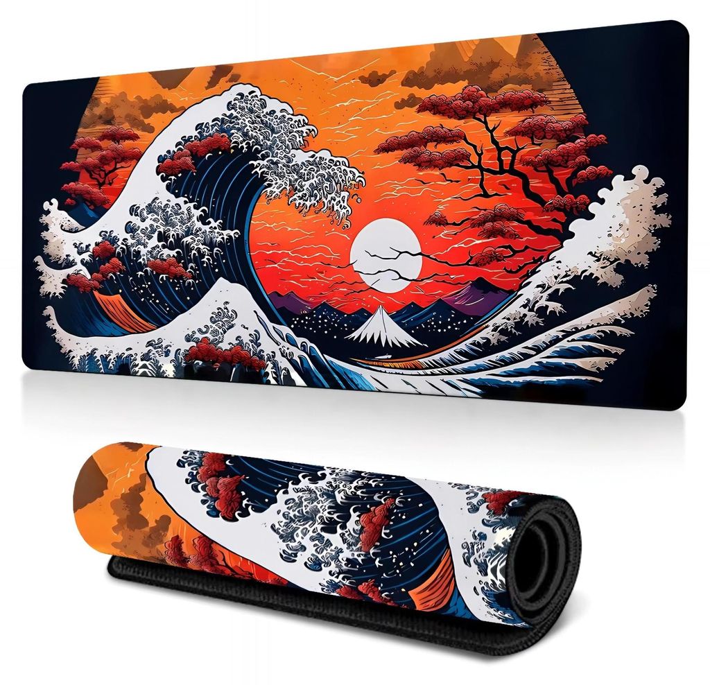 Fire Sunset Wave Xxxl Gaming Mauspad 90X40 Cm – Japanisches Design Mit Mount Fuji & Roten Bäumen, Wasserdicht, Rutschfest, Vernähte Kanten