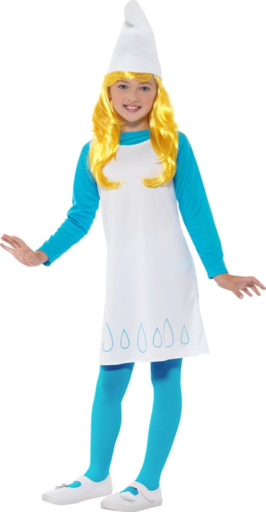 A young girl wearing a Smurfette costume.